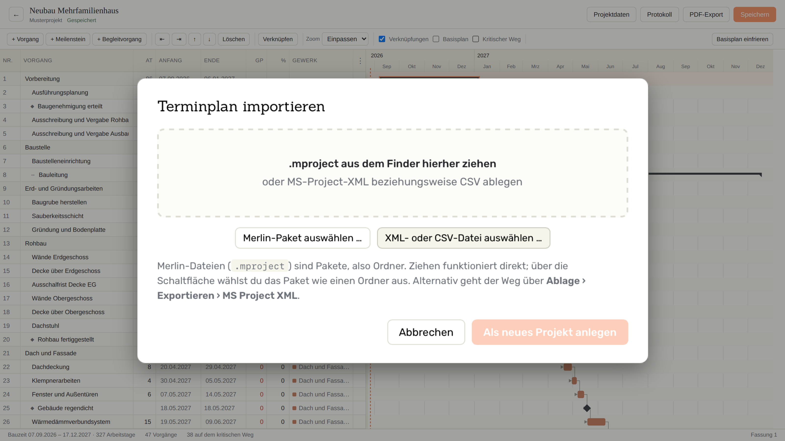 Fenster „Terminplan importieren“ mit Ablagefläche für .mproject-Dateien